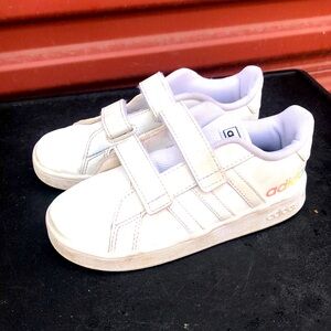 Adidas Grand Court Low White Pink Iridescent Kids Double Strap Sneakers Sz 10K